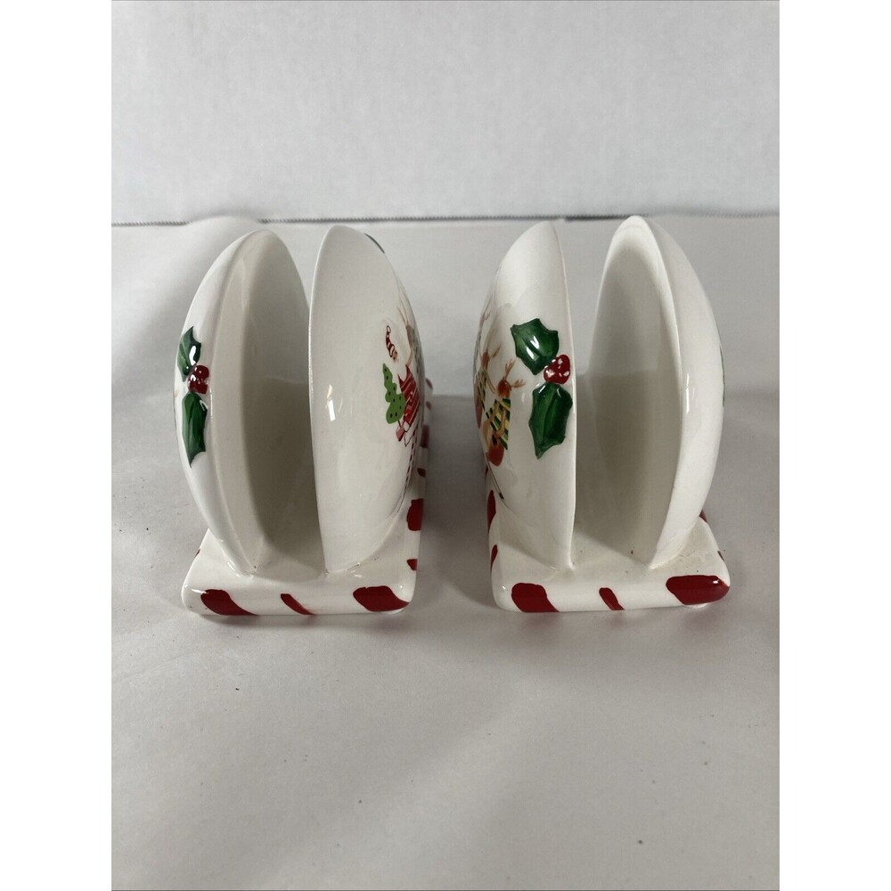 Collections Santa Reindeer Napkin Holder Set Of 2 Holly Tree Candy Cane Vintage - Picture 3 of 11